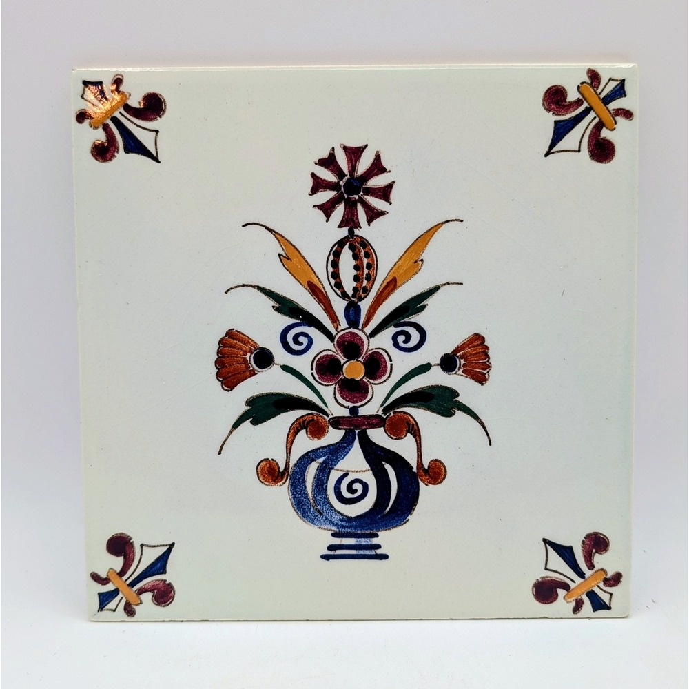 Vintage DP Delft Hand Painted Polychrome Floral Ceramic Tile Fleur De Lis 6x6